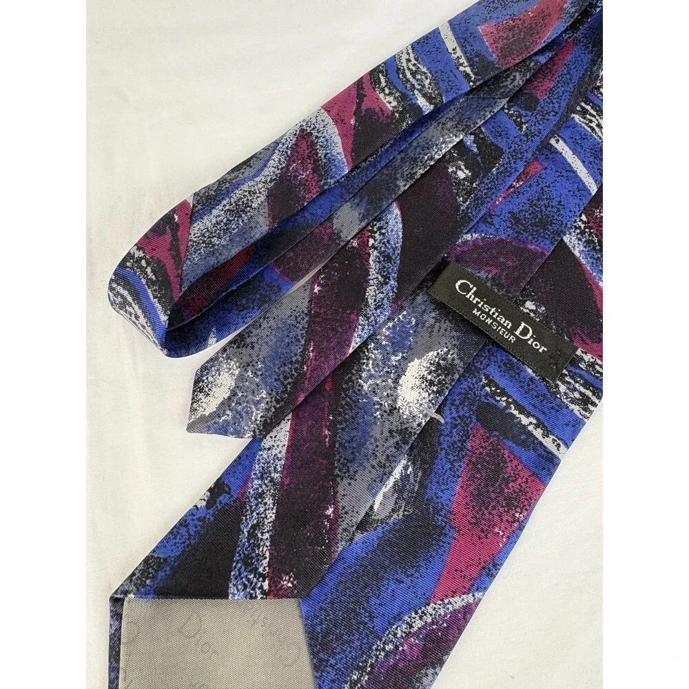 Vintage Christian Dior Monsieur Silk Tie Blue Purple Abstract Made USA 57in